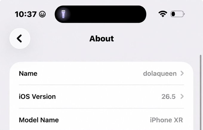 A screenshot of an iPhone's "About" settings page showing the device name as "dolaqueen," running iOS version 26.5 on an iPhone XR. The post celebrating a "web3 jobs" achievement suggests the username "dolaqueen" likely refers to the user's online handle in the Web3/crypto community.