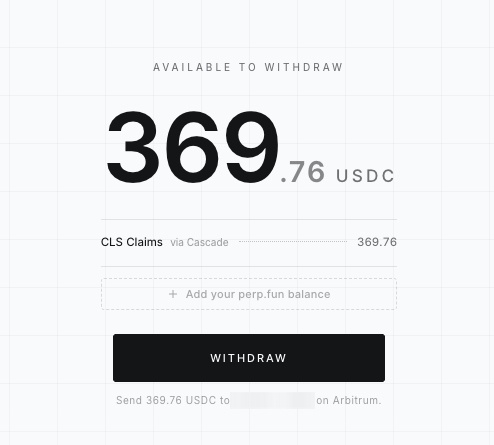 The image shows a withdrawal interface displaying "AVAILABLE TO WITHDRAW 369.76 USDC," with a line item for "CLS Claims via Cascade" and a black "WITHDRAW" button, illustrating the claims process related to the Cascade hack. It connects to the post by showing the interface where users can withdraw their recovered funds from the hacked CLS (Cascade Liquidity Strategy) vault.
