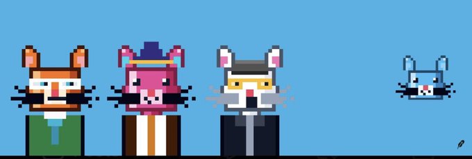 A pixel art image showing four cat-like characters with different outfits and colors (brown, pink with a hat, grey with a hat, and a smaller light blue one) standing against a solid blue background.