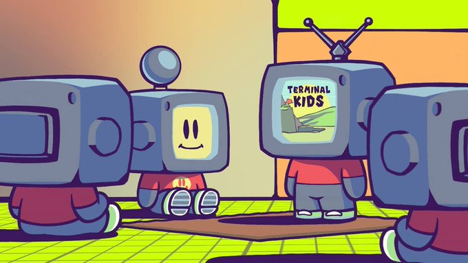 Cartoon robots with TV-heads gather around a smaller robot whose screen displays "TERMINAL KIDS," visually representing the post's description of Terminal Kids as a live mint terminal watching the Robinhood Chain in real time.