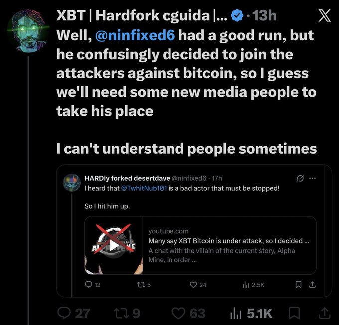 The image shows a tweet from "XBT | Hardfork cguida" criticizing user @ninfxed6 for allegedly siding with attackers of Bitcoin, sharing a screenshot of @ninfxed6's tweet that labels another user as a "bad actor" against Bitcoin.

This relates to the accompanying post by illustrating the "fairytale of pretending to be bitcoin," as it shows figures associated with the Blake2b/BCH faction publicly attacking and labeling others as enemies of Bitcoin—a display of internal infighting within crypto communities that highlights the absurdity of competing claims to the Bitcoin identity.