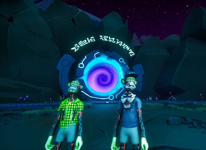 Two zombie-like characters in checkered and striped shirts stand before a glowing portal labeled 'REALM'S REVENANT' in a rocky, nighttime landscape.