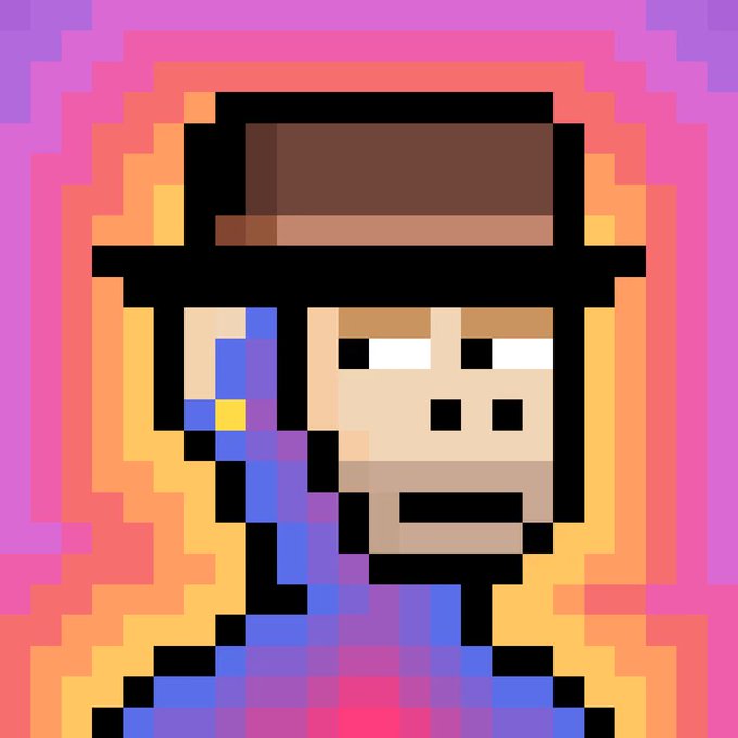 A pixel art portrait of a character wearing a brown top hat and blue/purple clothing against a vibrant pink and orange background.