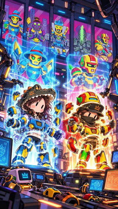 A vibrant, colorful illustration of a futuristic mech workshop or display featuring multiple robotic characters in blue and yellow armor with crown emblems in a neon-lit environment.