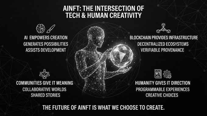 A black informational graphic titled 'AINFT: THE INTERSECTION OF TECH & HUMAN CREATIVITY' featuring a wireframe human figure holding a geometric globe, with sections explaining AI, blockchain, communities, and humanity.