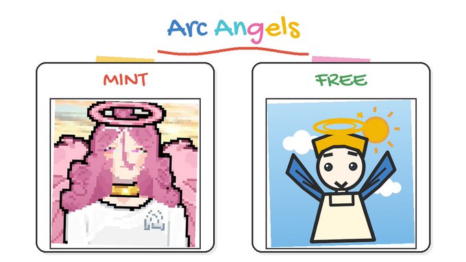 An image titled 'Arc Angels' showing two pixel art character portraits labeled 'MINT' (a pink-haired angel) and 'FREE' (a character with a yellow halo and blue wings).