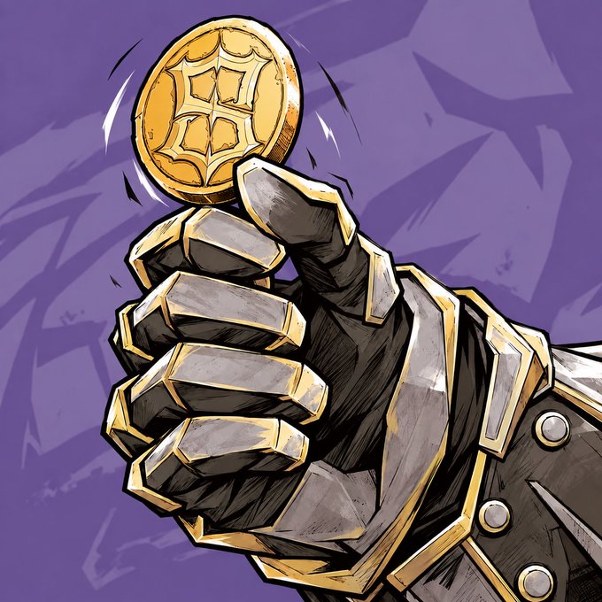 A stylized illustrated artwork of a hand in silver and gold armored gauntlet gripping a gold coin featuring an ornate emblem, set against a purple background.