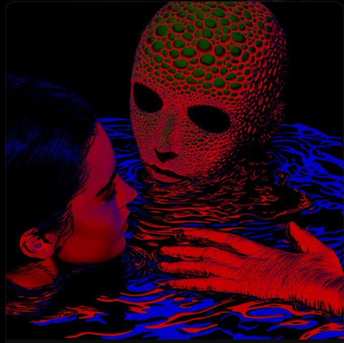 A person submerged in water faces an alien-like figure with a spotted green and red face, while a red-tinted hand emerges from the rippling blue and red water between them. The surreal, otherworldly imagery mirrors the post's theme of venturing into the unknown frontier of privacy technology, where BeldexCoin represents an enigmatic new presence in uncharted territory.