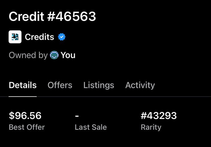 A digital collectible marketplace listing for 'Credit #46563' owned by 'You', showing a best offer of $96.56 and rarity rank #43293.