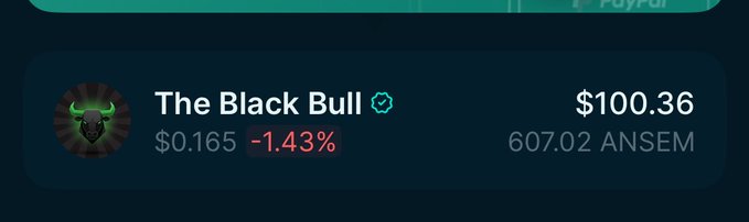 A cryptocurrency tracker interface displaying a token named 'The Black Bull' (ANSEM) with a price of $100.36, showing a -1.43% change and a market cap of 607.02.