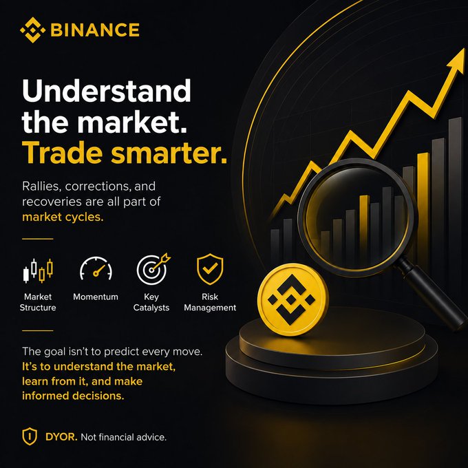 This Binance promotional graphic, titled "Understand the market. Trade smarter.", encourages traders to analyze market cycles rather than react to price movements, highlighting four key focus areas: Market Structure, Momentum, Key Catalysts, and Risk Management—reinforcing the post's message about learning what's driving the market through educational research rather than emotional chasing.