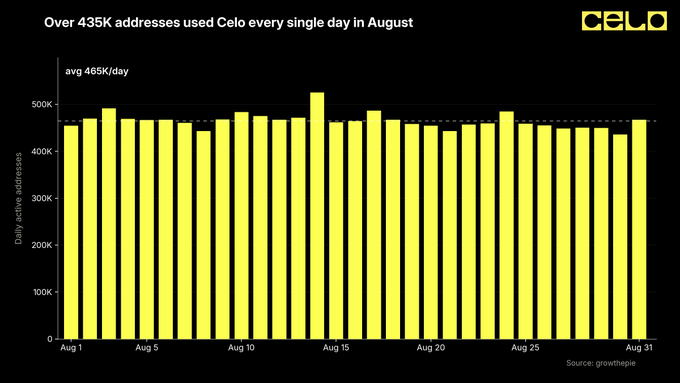 A yellow bar chart titled 'Over 435K addresses used Celo every single day in August', showing daily active addresses averaging 465K/day across August.
