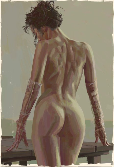 The image features a painting of a nude woman with long sleeves, wearing gloves that cover her hands. The painting has a vintage style, giving it an artistic touch. The artist's signature can be seen at the bottom right corner of the artwork. The post is about a "Longing Available on objkt! 3/6 edition!".