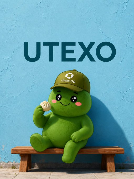 A cute green mascot character wearing an "Utexo OG" cap and holding a bun, sitting on a wooden bench against a blue wall with the text "UTEXO" displayed above.