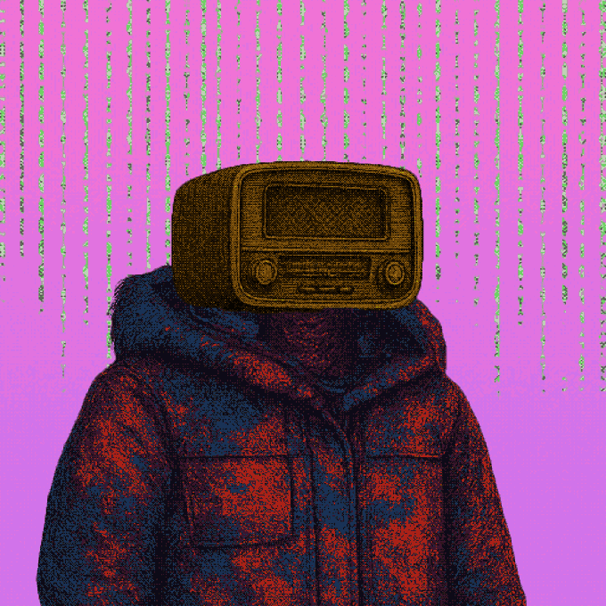 An illustration of a figure in a red and blue hooded jacket with a vintage television set for a head, set against a pink background with falling green glitch lines.