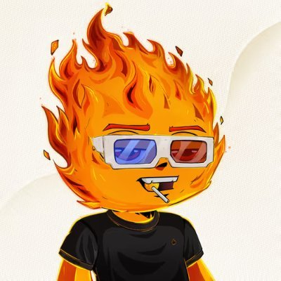 A cartoon NFT character with a flame-shaped head, wearing 3D glasses and a black shirt while holding a cigarette.
