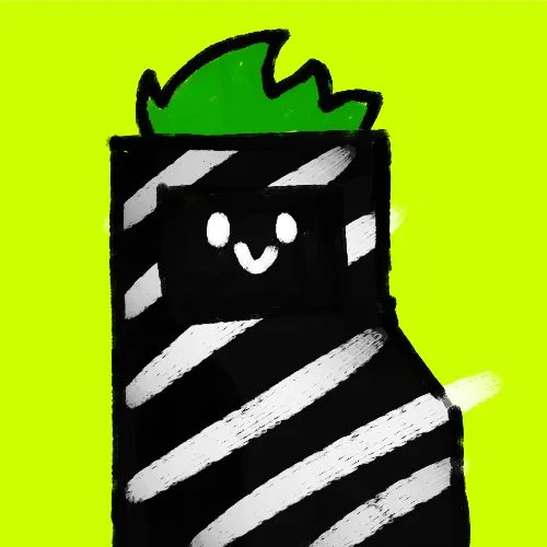 A digital illustration depicts a cute, black rectangular character with a smiling face, white diagonal stripes, and a green spiky top, set against a bright lime green background.