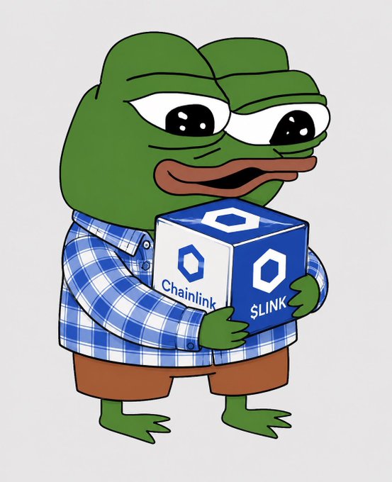 A cartoon Pepe the Frog character wearing a blue plaid shirt and brown pants, holding a blue cube labeled 'Chainlink' and '$LINK'.
