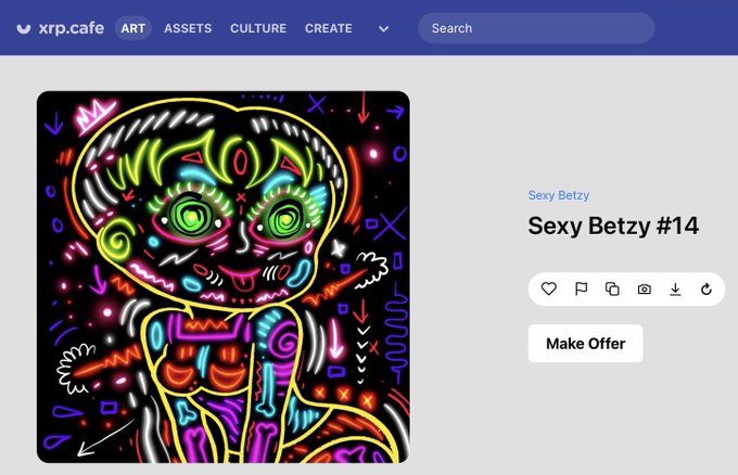 Screenshot of xrp.cafe showing a colorful neon NFT artwork titled 'Sexy Betzy #14' with options to like, comment, copy, view, download, and make an offer.