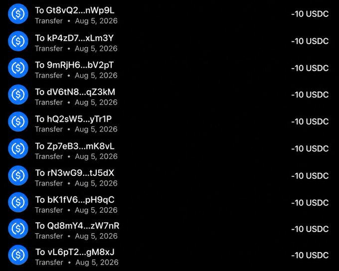 A list of 10 USDC transfer transactions of $10 each, all dated Aug 5, 2026, sent to different wallet addresses (Gt8vQ2, kP4zD7, 9mRjH6, dV6tN8, hQ2sW5, Zp7eB3, rN3wG9, bK1fV6, Qd8mY4, vL6pT2), corresponding to the promised $100 SOL giveaway distributed to 10 winners in 10 USDC payments.