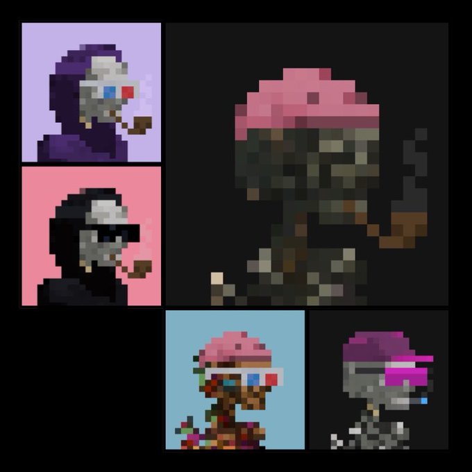 A collage of pixel art character designs featuring a skeletal or zombie-like figure wearing a pink hat and smoking, shown in various color schemes against purple, pink, black, and blue backgrounds.