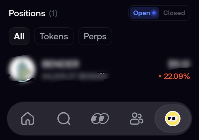 A mobile app interface showing a 'Positions' screen with options for 'All', 'Tokens', and 'Perps', displaying one blurred position with a 22.09% loss indicator.