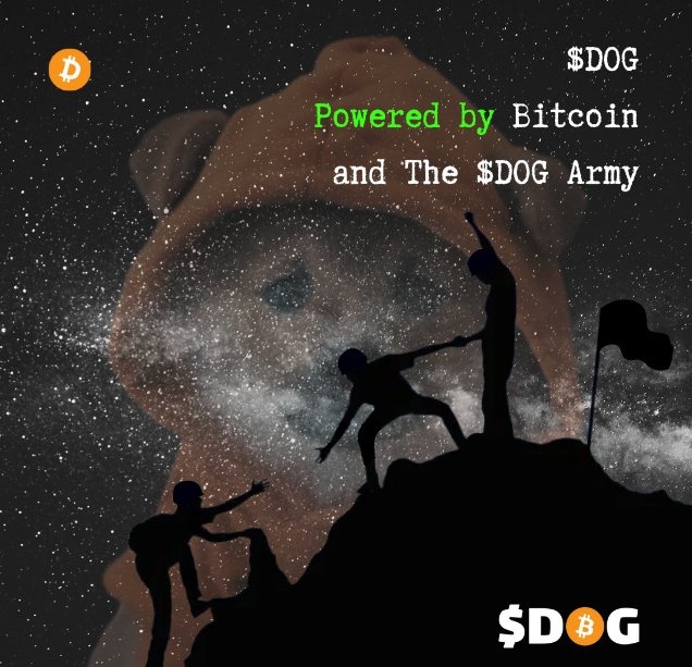 The image features a group of people standing on top of a mountain, with one person holding a flag. The caption for the image reads "$dog is powered by the two most powerful forces in crypto." This suggests that the image is related to Bitcoin or cryptocurrency and highlights their power as a source of energy.