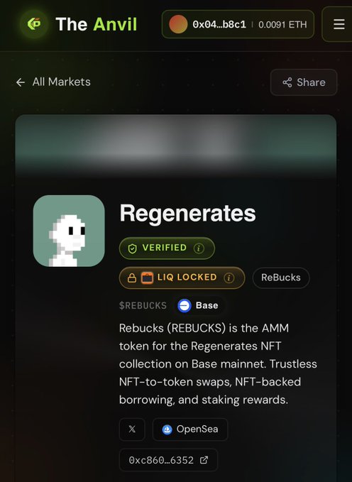 The image shows a page from "The Anvil" platform displaying details for the "Regenerates" NFT collection, noting Rebucks (REBUCKS) as the AMM token on the Base mainnet with a "LIQ LOCKED" status and an Ethereum balance of 0.0091 ETH. This visual supports the post's context by illustrating how Anvil presents liquidity-locked token information for Regenerates holders, addressing community questions about what the platform means for $REBUCKS holders.