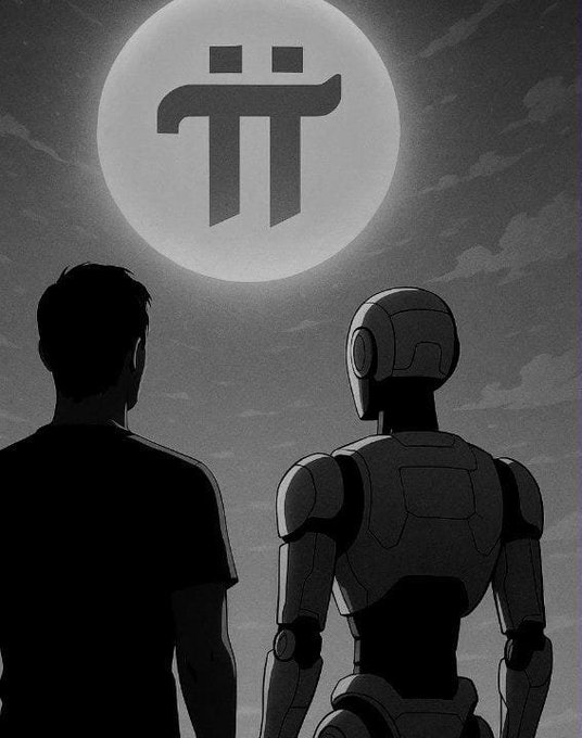 A man and a robot stand side by side gazing up at a large moon displaying the Pi (π) Network logo, symbolizing the human-AI partnership guiding the project's evolution toward Protocol V28. The shadowy figures represent Pi's community and technology advancing together toward the upcoming Mainnet activation milestone.