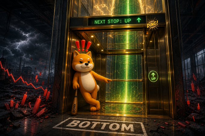 A digitally illustrated scene shows an orange Shiba Inu dog standing in a golden elevator with 'NEXT STOP: UP' displayed above and 'BOTTOM' written on the floor mat, surrounded by red declining candlestick charts and stormy skies, symbolizing a crypto market bottom with anticipation of recovery.