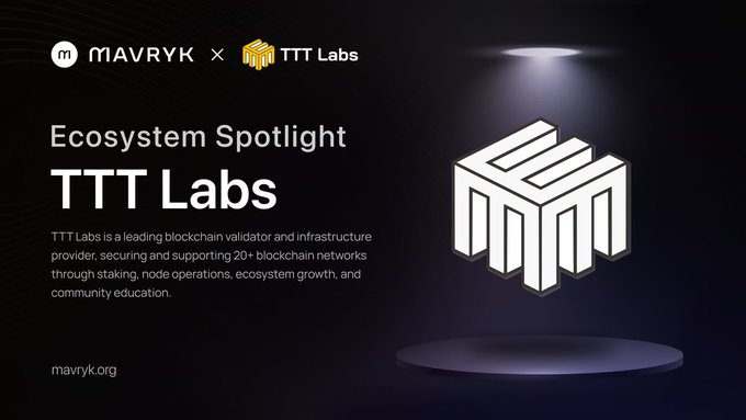 The image features a promotional poster for TTT Labs, which is an ecosystem spotlight created by Mavrk Network. The poster showcases a white cube with black lines inside of it, symbolizing the concept of tokenization. The text on the poster highlights that the platform is powered by Mavrk and is designed to tokenize real-world assets using blockchain technology. It also mentions that the platform is supported by TTT Labs, an established company in the industry.