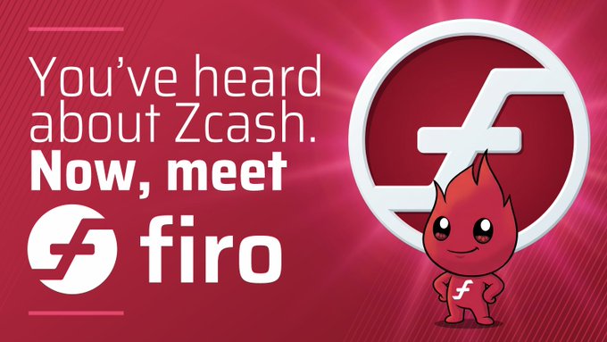 Red promotional banner stating 'You've heard about Zcash. Now, meet firo' alongside a cartoon red flame mascot and the Firo cryptocurrency logo.