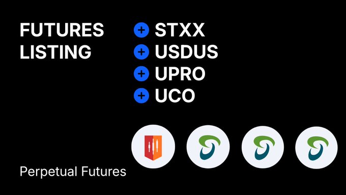 A promotional graphic announcing a 'FUTURES LISTING' for perpetual futures on STXX, USDUS, UPRO, and UCO, with logos for the listing and paired cryptocurrencies below.