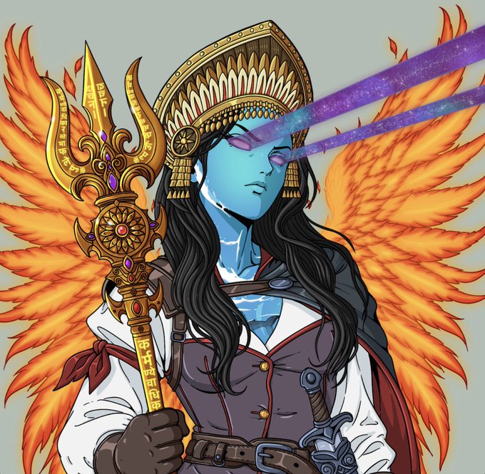 An anime-style illustration of a blue-skinned winged figure with a golden crown and ornate scepter, firing purple energy beams from their eyes.