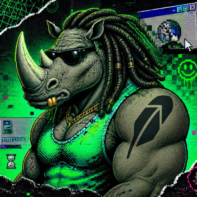 A stylized illustration of a muscular rhinoceros with dreadlocks, sunglasses, a gold chain, and a green tank top, featuring a distinctive symbol tattoo on its arm, set against a green glitchy digital background.