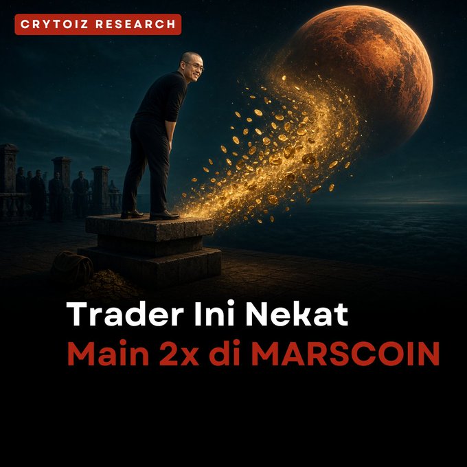 Promotional graphic by CRYTOIZ RESEARCH showing a man standing on a platform with gold coins flying toward Mars, with text 'Trader Ini Nekat Main 2x di MARSCOIN'.
