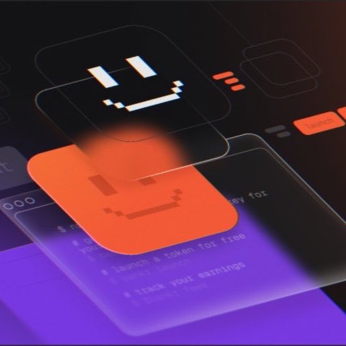 A stylized, glowing orange smiley face icon floats above a blurred interface displaying partial text like "$ launch a token for free," "$ track your earnings," and "lay for," echoing the crypto-token and builder-rewards themes from the $BNKR update post.