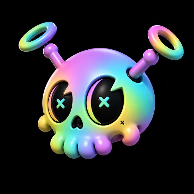 A 3D-rendered rainbow-colored skull character with antennae and X-shaped eyes on a black background, in a glossy cartoon style.