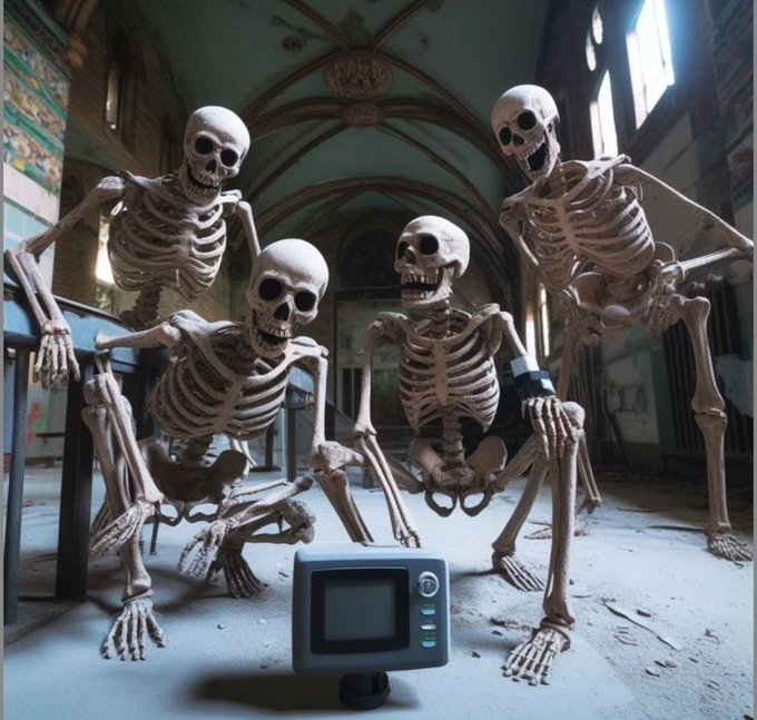 Four skeletons are gathered around a small security camera on the floor inside an abandoned, graffiti-covered building with high arched ceilings.