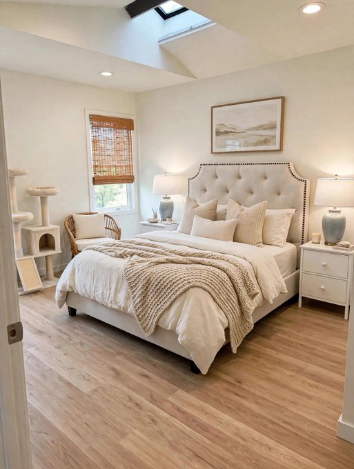 Bright bedroom interior featuring a tufted beige upholstered bed with cream bedding, a knit throw blanket, a skylight, woven wood blinds, a cat tree, and a wicker chair.
