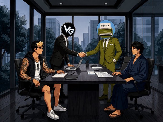 Anime-style illustration of a business meeting with two figures shaking hands whose heads are replaced with 'VG' and '$TSLA' logos, while two tattooed men sit at a conference table.