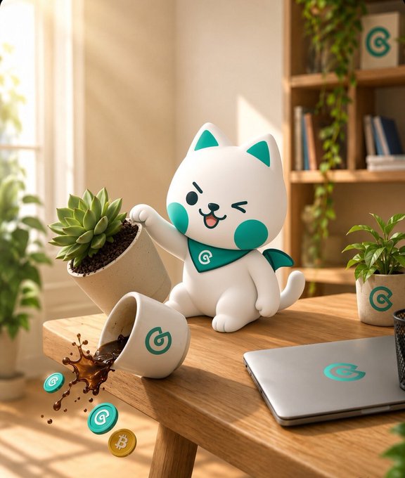 A 3D rendering of a cute white cat character wearing a green bandana, sitting at a desk and tipping over a branded mug to spill coffee next to a laptop.