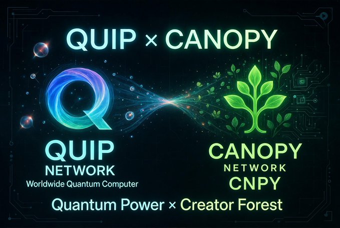 The image features a poster with two logos, Quip x Canopy and Quip network. The logo for Quip x Canopy has a green plant growing out of blue bubbles, while the logo for Quip network shows a tree with leaves in shades of green and white. The text on the poster reads "Quip x Canopy", "Quip network", and "Worldwide Quantum Computer".
