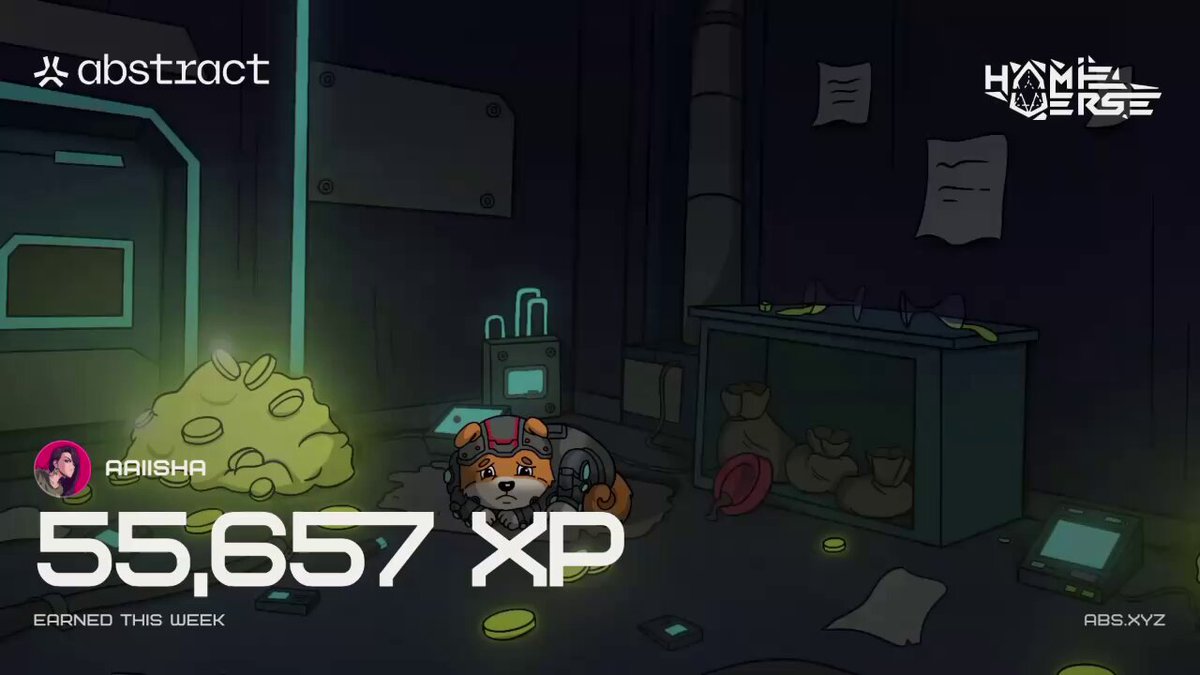 The image features a cartoon scene with a dog sitting inside a cage surrounded by various objects such as a computer monitor, keyboard, mouse, and a book. The background of the image is dark, creating an atmosphere that complements the overall theme of the post. The text in the image reads "Happy Xp day! I made 55k Xp this week on the abstract chain wohoo!:D I hope everyone had ATH Xp this week let' s go". This post seems to be promoting a video game or an interactive experience, as indicated by the presence of the dog and other objects in the image.