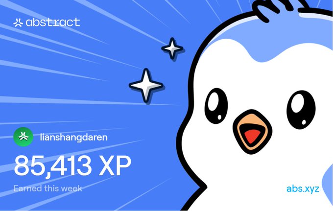 An Abstract XP dashboard screenshot displays a cute white cartoon bird character (the Abstract mascot) on a blue radial background, showing user "lianshangdaren" with 85,413 XP earned this week. The image visually represents the user's weekly Abstract Chain XP earnings mentioned in the post, highlighting their ongoing participation in the platform despite uncertainty about its future.