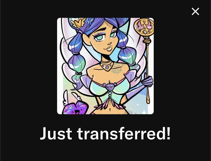 A digital notification graphic featuring a cartoon illustration of a purple-haired mermaid princess holding a scepter, with the text 'Just transferred!' displayed below.