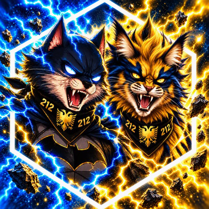 A dynamic digital illustration depicts two fierce anthropomorphic cats—one dark blue/black and one golden—both snarling and wearing bandanas marked '212' with eagle emblems, surrounded by crackling blue and yellow lightning.
