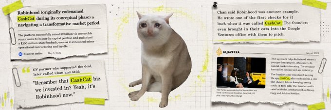 An article clipping titled 'The mastermind behind CashCat' discussing how CashCat allegedly helped Robinhood navigate a transformative market period, with a shocked-looking white cat in the center and Al Jazeera screenshots referencing Google Ventures.