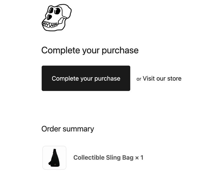A checkout page showing a skull logo, a 'Complete your purchase' button, and an order summary listing 'Collectible Sling Bag × 1'.