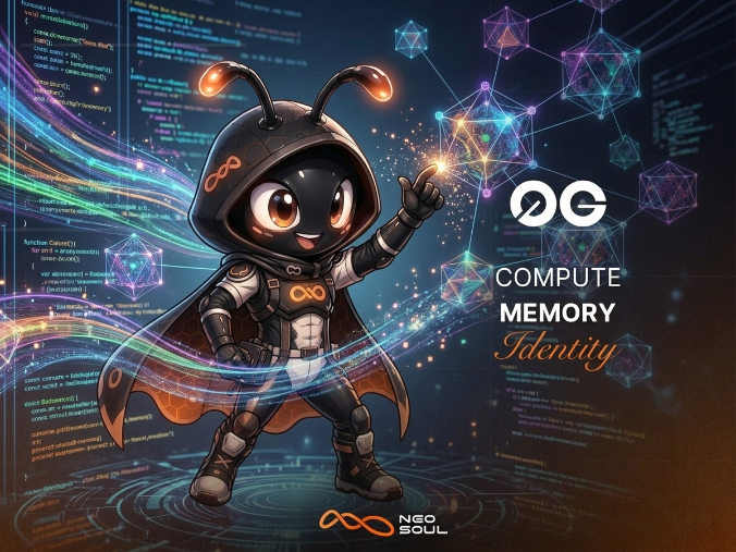 A cute ant-like AI agent mascot wearing an infinity-symbol hoodie and cape gestures toward floating neon geometric networks, alongside text reading "0G COMPUTE MEMORY Identity" and "NEO SOUL" branding. The image visually reinforces the post's message about Neo Soul AI integrating with 0G Labs' onchain infrastructure to give AI agents identity, compute, and memory capabilities.